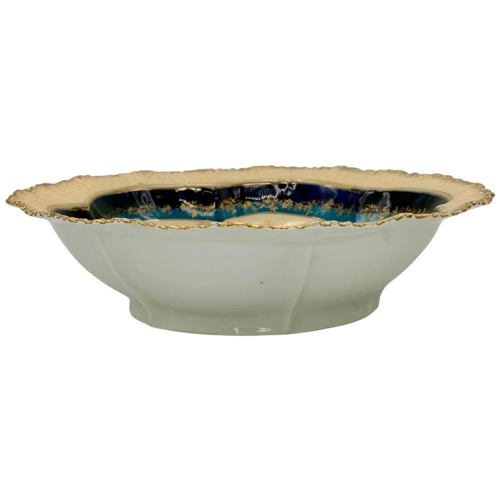 Antique Porcelain Floral Serving Bowl Cobalt‎ Blue Gold Gilt Scalloped Rim 10in